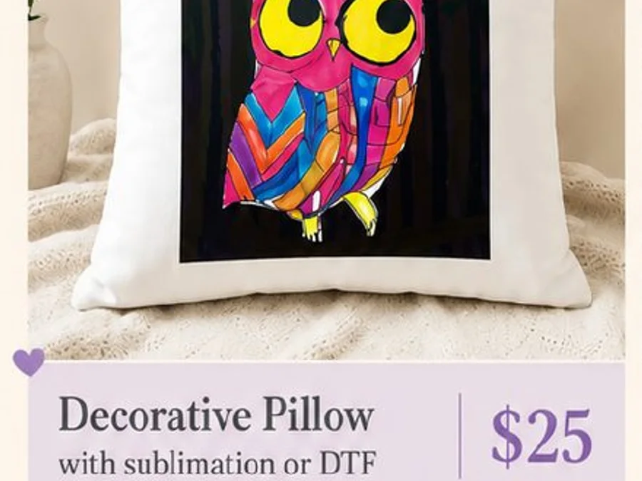 White throw pillow printed with colorful owl artwork