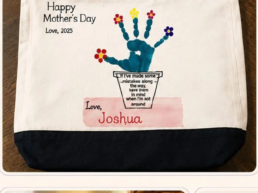 Tote bag printed with a child's handprint flower artwork
