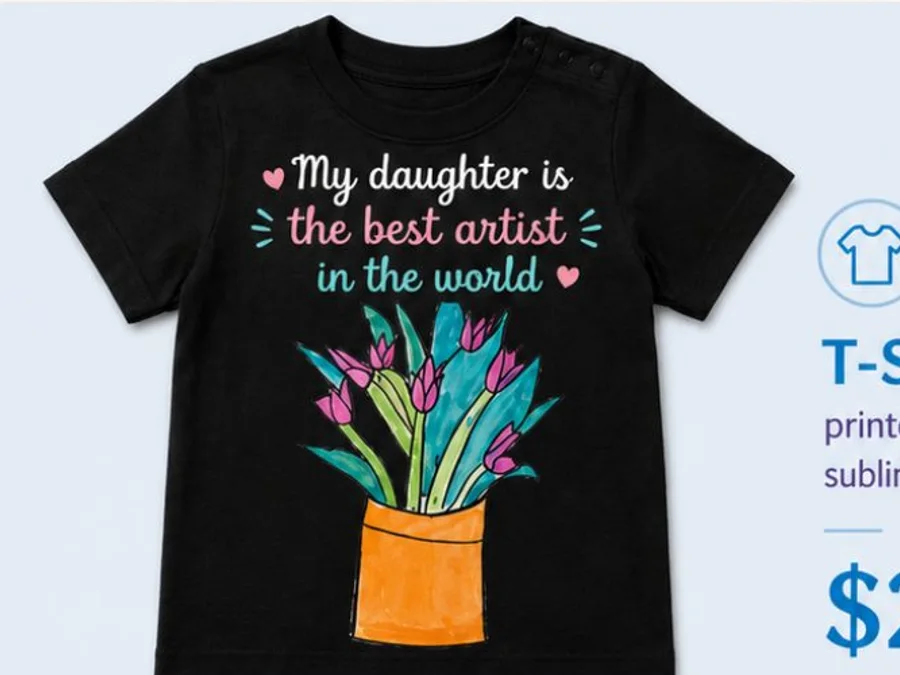 Black T-shirt printed with colorful child-created flower art