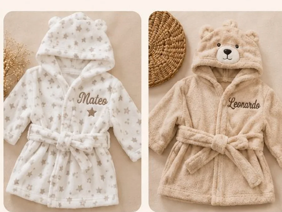 Personalized baby bathrobes in pink, cream, and tan