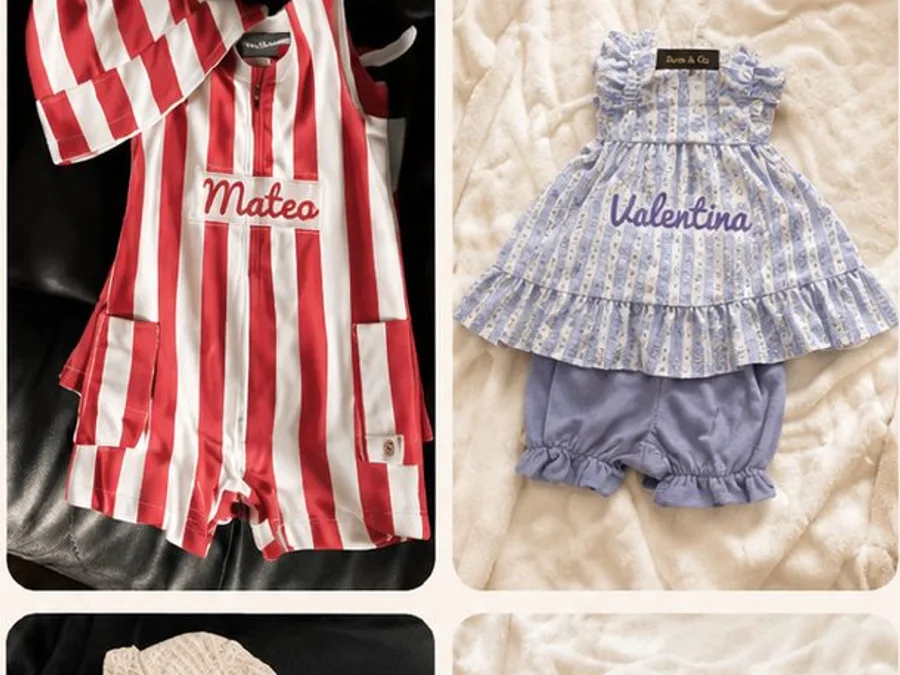 Personalized baby outfits in red, blue, and cream