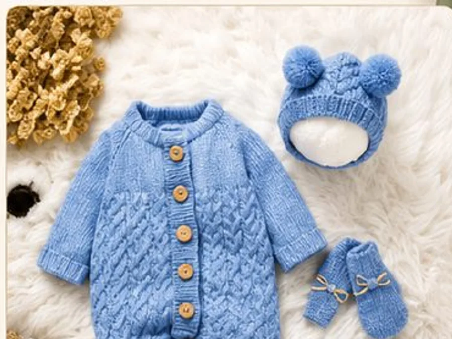 Blue personalized knit baby romper with matching beanie