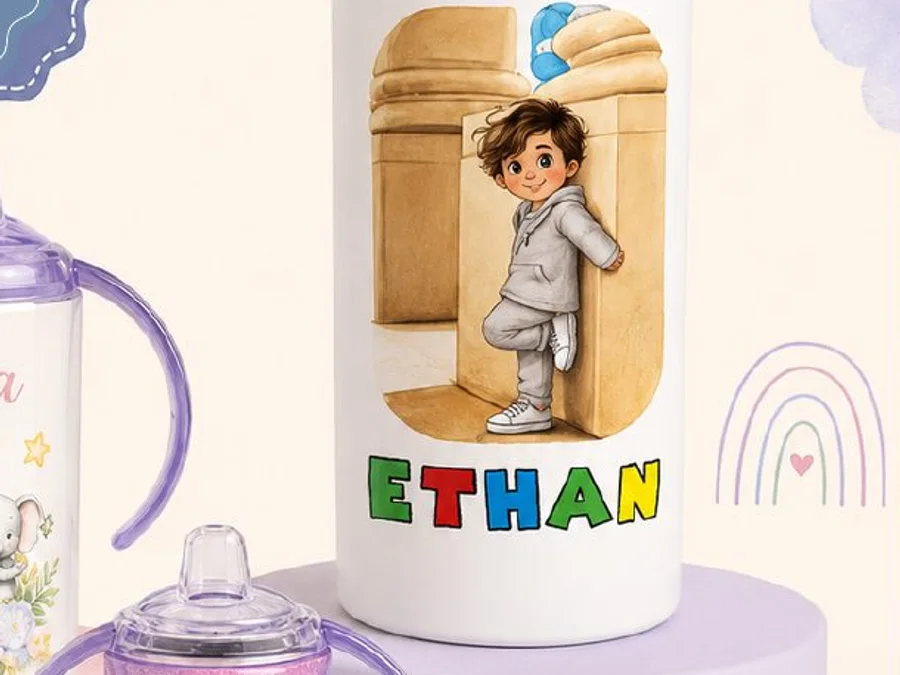 Personalized white kids tumbler with an illustrated name design