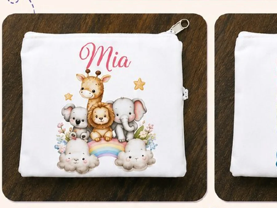 Two white personalized pencil pouches with colorful designs