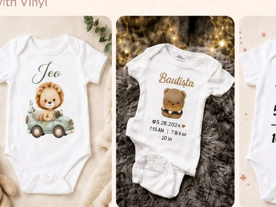 Three personalized baby bodysuits with names and custom designs