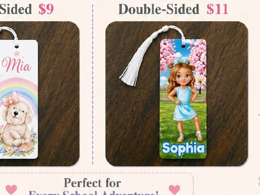 Two personalized bookmarks with animal and illustrated character designs