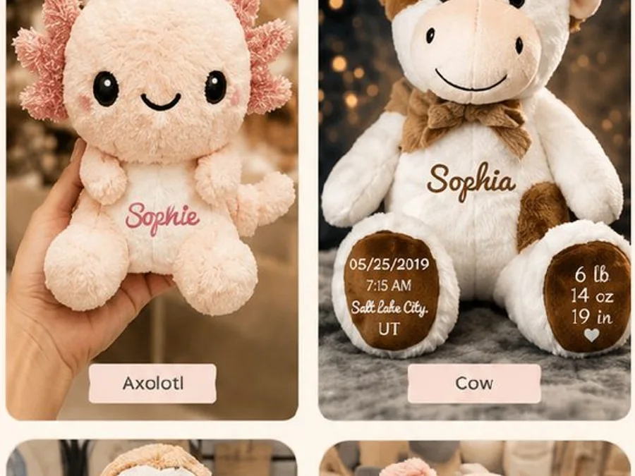 Personalized axolotl and cow plush toys