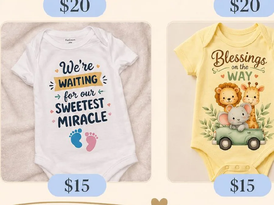 Two personalized baby bodysuits for a pregnancy announcement