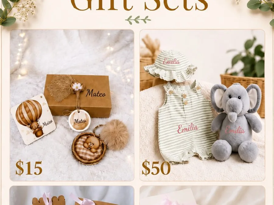 Personalized ready-to-gift baby sets with keepsakes, outfits, and plush toys