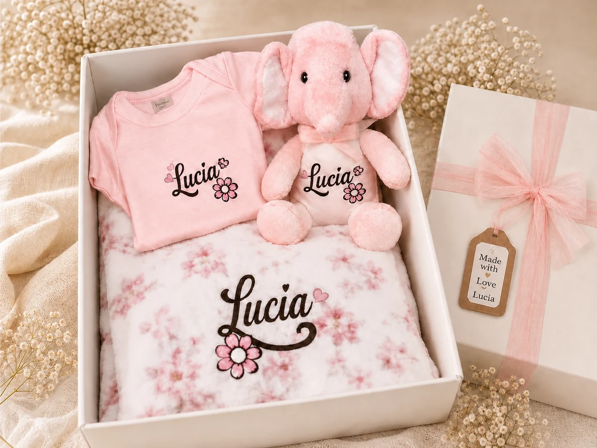 Personalized welcome baby gift set with plush toy, blanket, and bodysuit