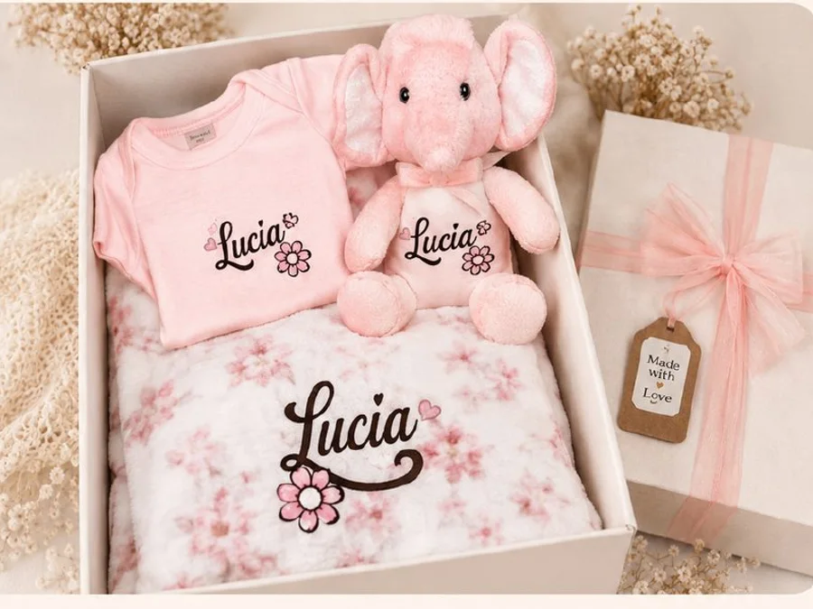 Pink personalized baby welcome set with elephant plush, bodysuit, and blanket